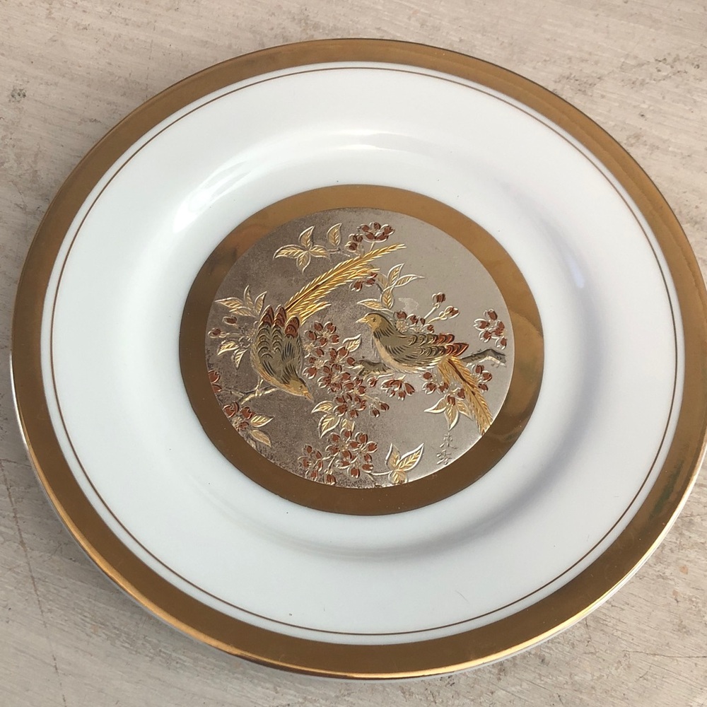 Japanese Chokin Art Collectible 6.5” Plate 24k Gold Trim, Pair of Love Birds